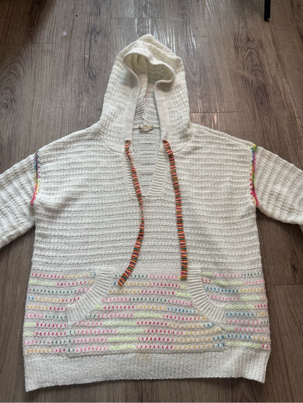 Cream Hooded Knit Sweater with Multicolor Accents